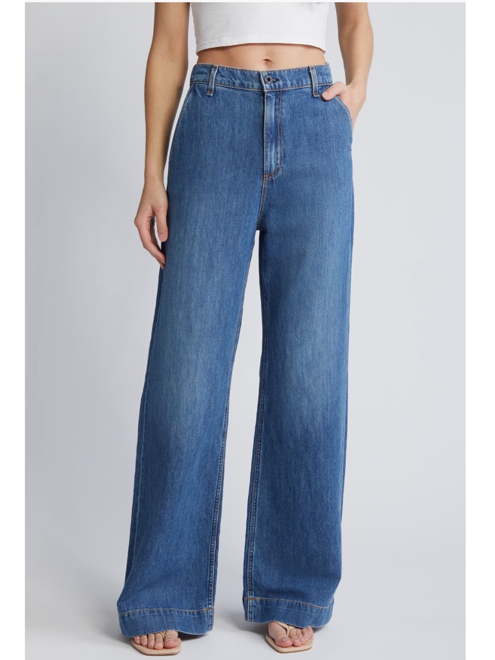 ASKK NY Linen Blend Wide Leg Jeans Size 31 Medium Blue Summer Womens New